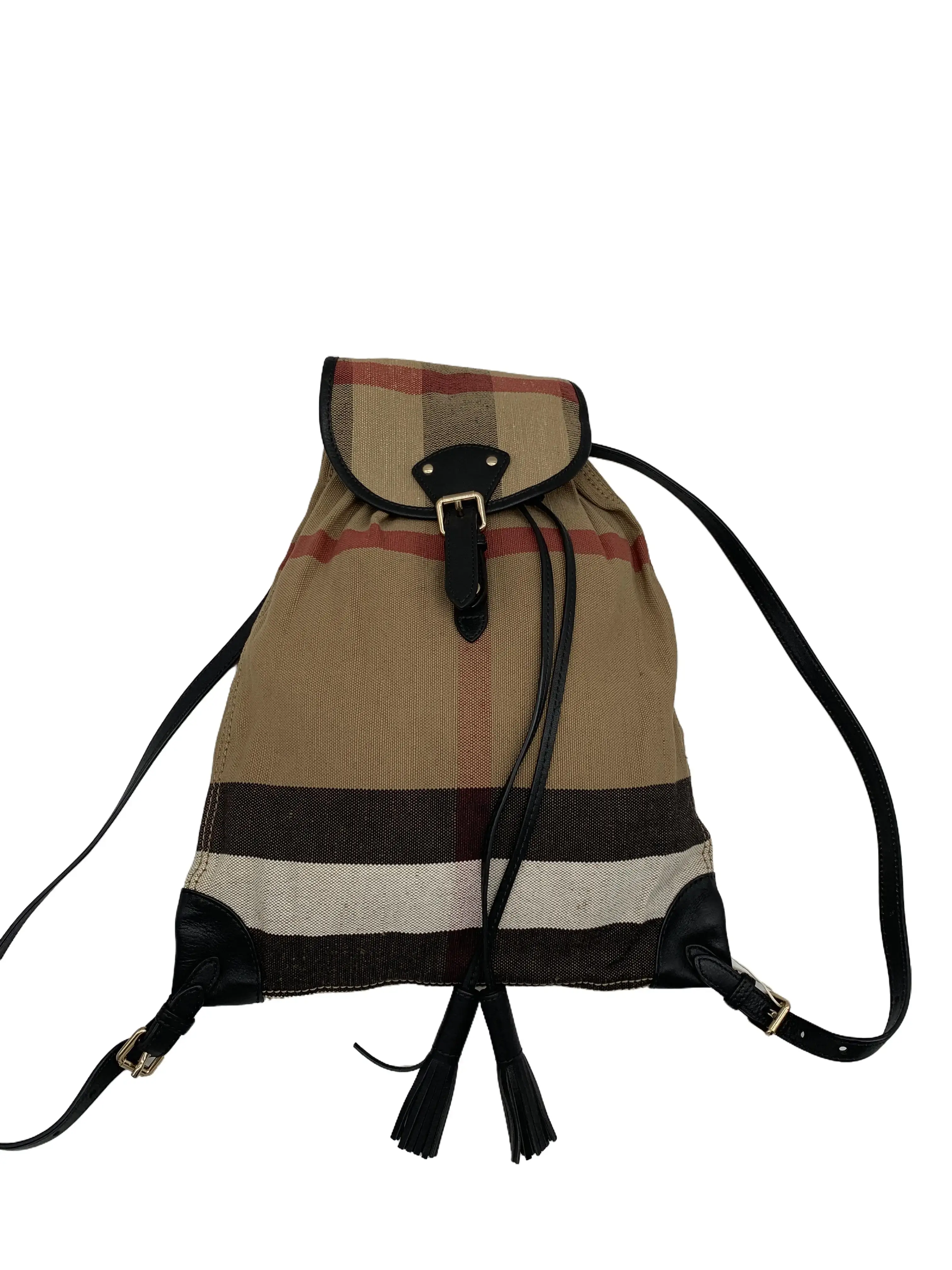 Pre-owned BURBERRY Classic Check Canvas Leather Trim Drawstring Backpack/ZH03609825/9825
