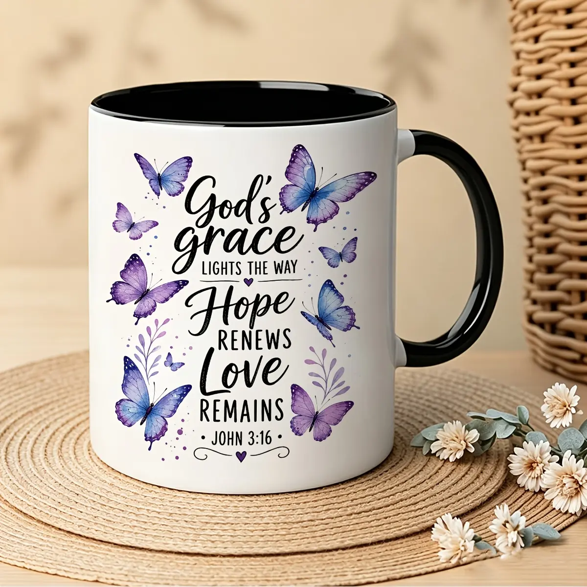 God’s Grace Lights The Way Butterfly Mug, John 3:16 Bible Verse Ceramic Coffee Cup, Inspirational Religious Gift For Women Faith Mug 11oz