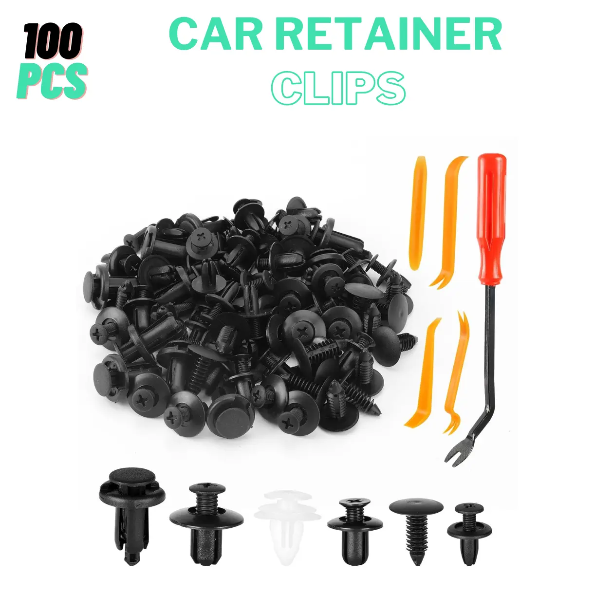 100 PCS Car Bumper Retainer Clips, 6 Type Nylon Fasteners Rivet Replacement Kit, Push-in Screw Bumper Push Rivet Clip with 5 Fastener Removers