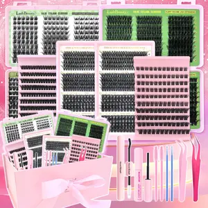 Lash Extensions Gift Set, Eyelash Extensions Kit, Christmas Gift, DIY Eyelash Extensions Volume Individual Lashes Natural to Thick Styles, Lash Clusters bundle, Beginner Friendly, Self Grafting Curling Fake Eyelashes for Women