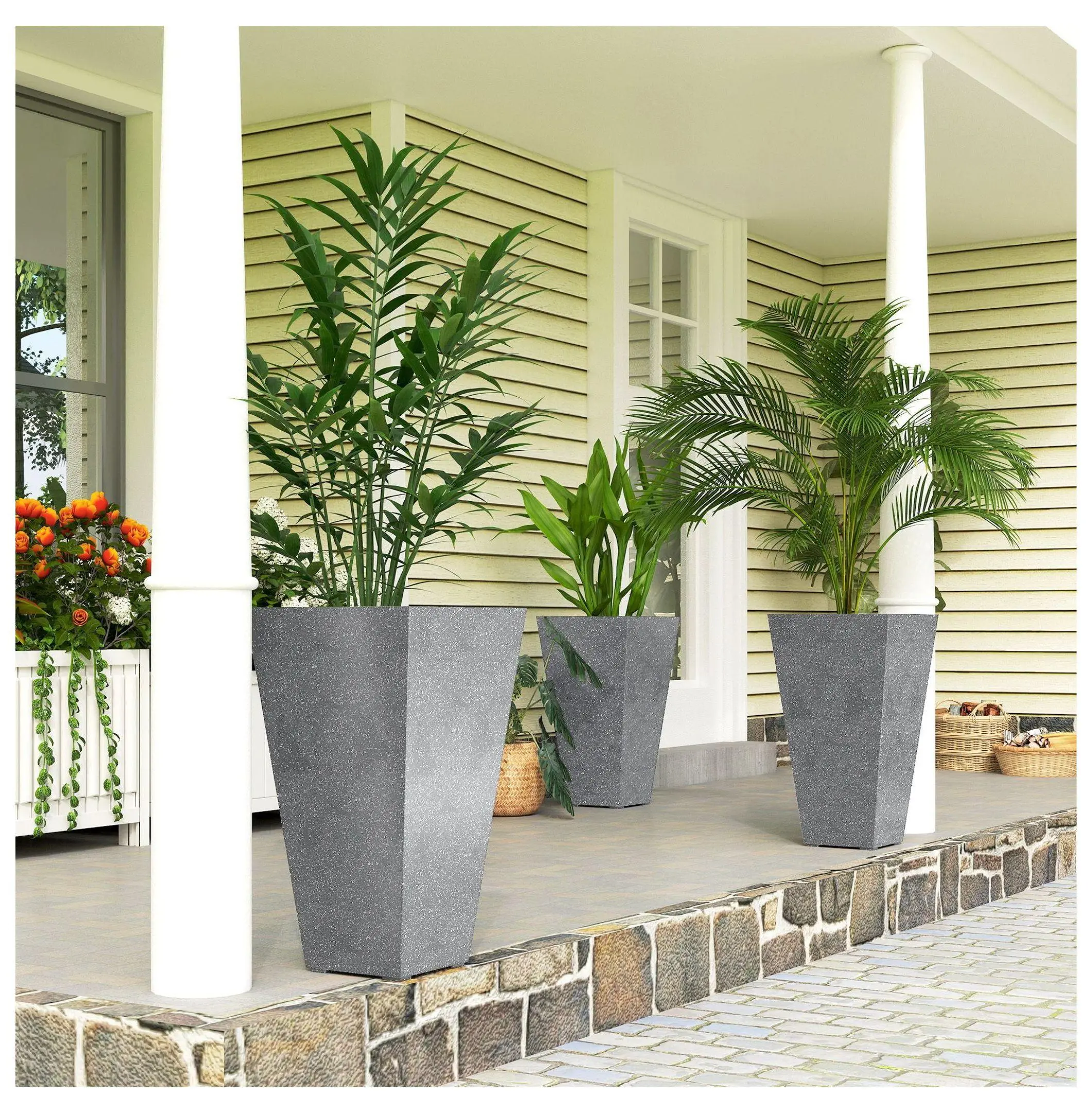 Gray 3-Piece 28-Inch Plastic Planters Set - Marble Finish, Drainage Holes, Stackable Tapered Pots for Indoor/Outdoor Plants