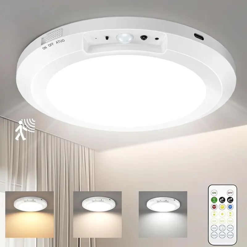 Rechargeable Motion Sensor LED Ceiling Light - 10000mAh Upgrade Model with 3-Color Dimming, Remote Control, Long Battery Life, Battery Level Display, 7-10H Runtime, Magnetic, Tool-Free Installation, No Wiring for Closet, Hallway, Sheds (LED Lights), Vanit