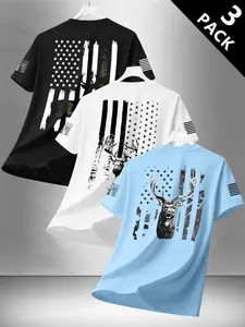 Men's Summer Fashion Menswear T-Shirt Top Set of 3, Camo Deer Star Flag Print, Round Neck Soft Versatile Casual Fashion Clothing Short Sleeve, Outdoor Streetwear Street Style, Casual Style Tee