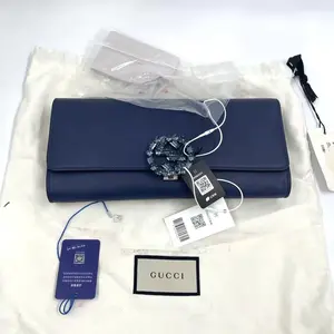 Pre-owned GUCCI leather Clutches & Wristlets Wrist Pouch, Blue with Gem Decorations