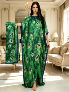 1 Robe+1 Scarf Peacock Green Peacock Feather Printed Robe Dress Set Large Ship Collar Loose Flesh Covering Long Dress Mother's Day Gift Light Luxury Elegant Vacation Style Long Dress