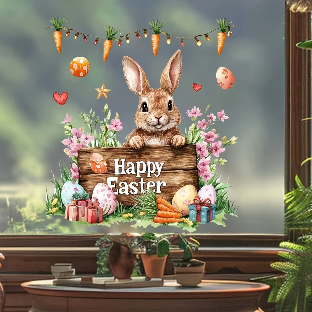 Easter Window Sticker with Bunny and Carrot Design, Happy Easter Message, Colorful Eggs and Flowers Decor for Living Room & Bedroom