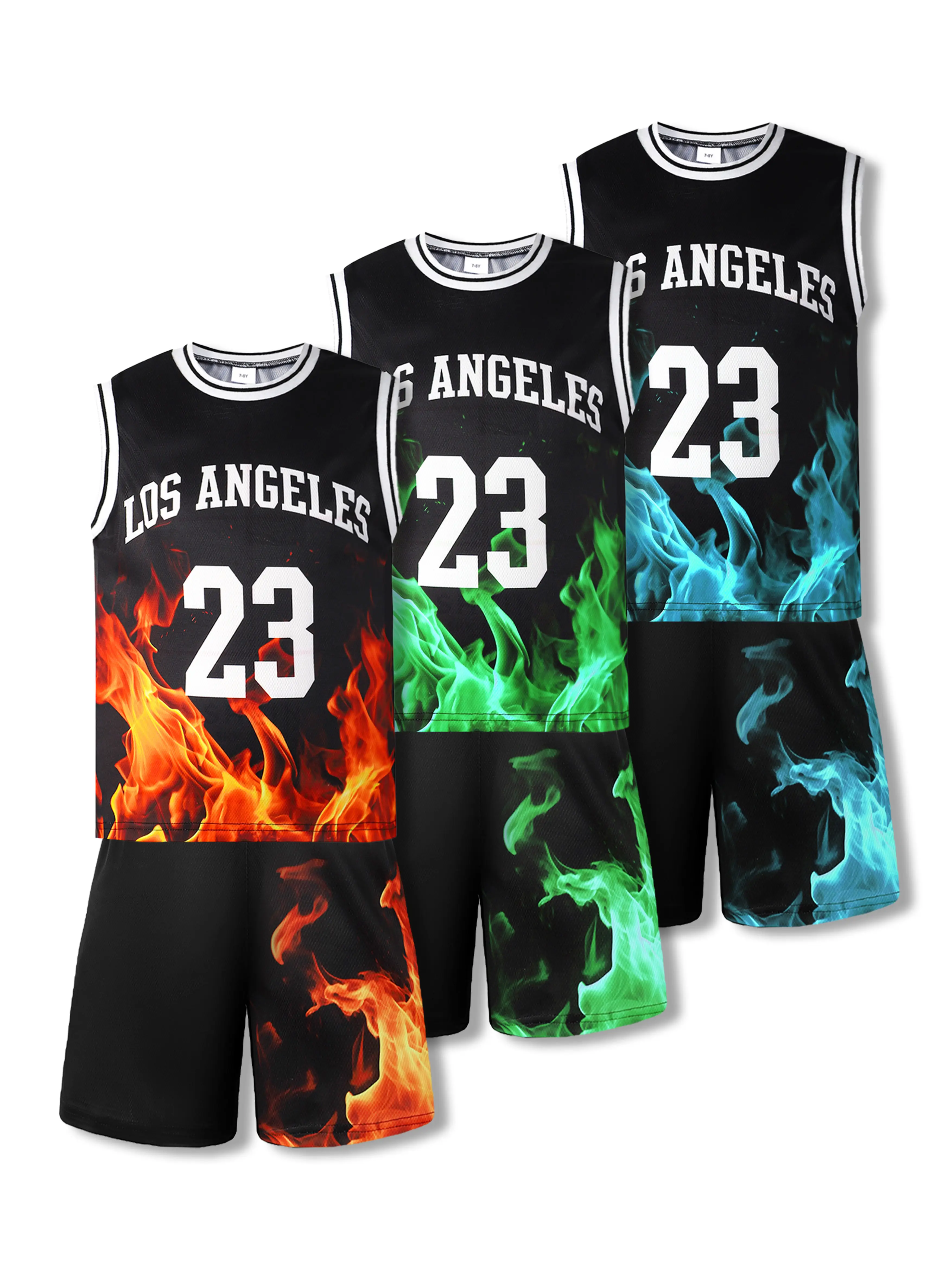 Ready Stock 7-15y Big Boys Summer baseball 2Pcs Casual Sports Quick-drying Mesh Flame Pattern Sleeveless Vest + Shorts Clothing Sets 462312003 Athleti