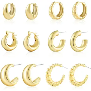 6 Pairs  Hoop Earrings for Women, 14K  Plated Lightweight Chunky Hoop Earrings Set , Thick Open Huggie Hoops Earrings  for Gifts.
