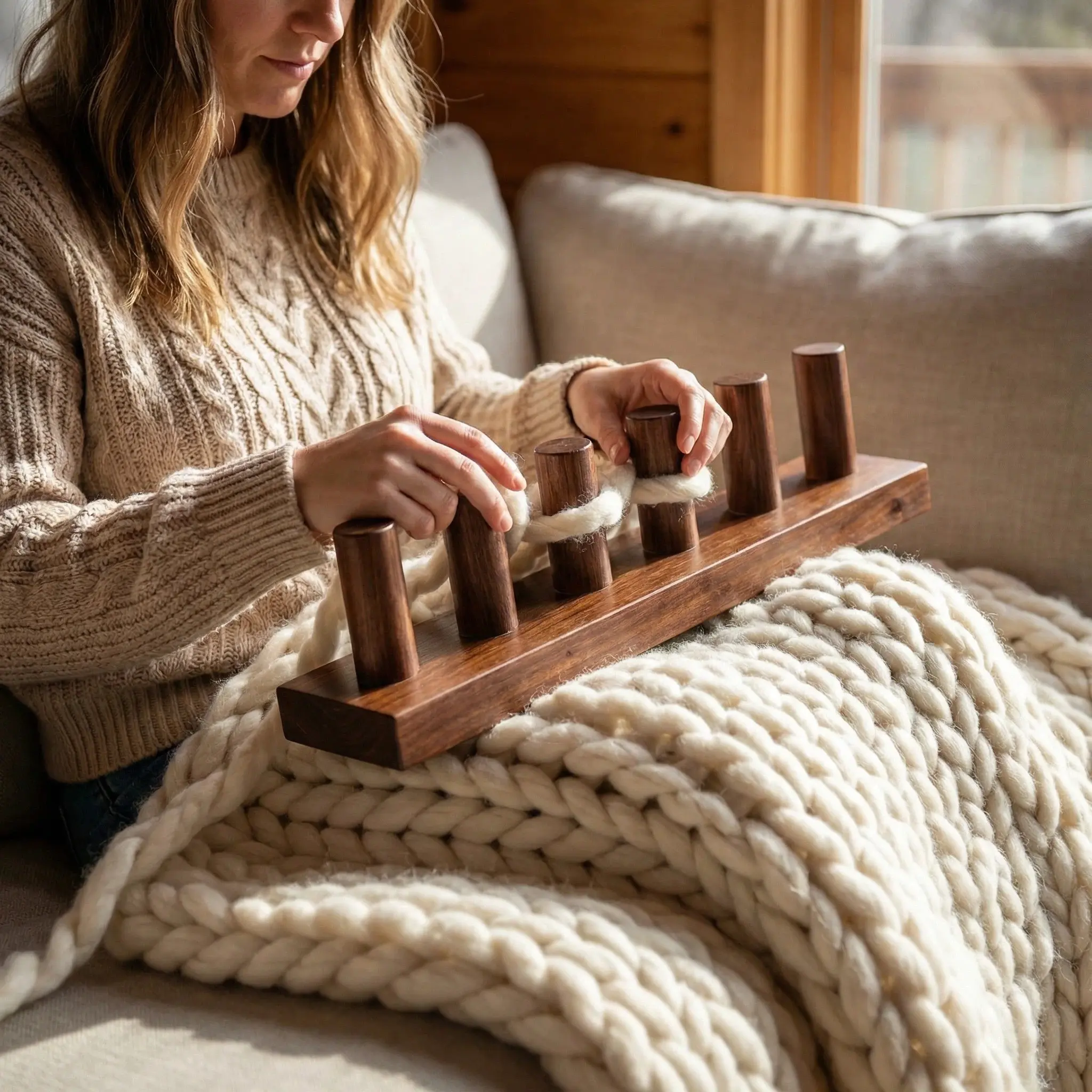 Walnut Color Wooden Loom for Chunky Blanket – 13” Chunky Knitting Blanket Loom & Afghan Loom