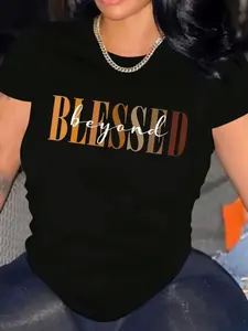 ‘BLESSED beyond’ Gradient Graphic Tee - Metallic Gold to Brown Ombré with Embedded Wordplay,Personalized short-sleeved T-shirt, suitable for both men and women, as a basic layer, for daily outings and gatherings.