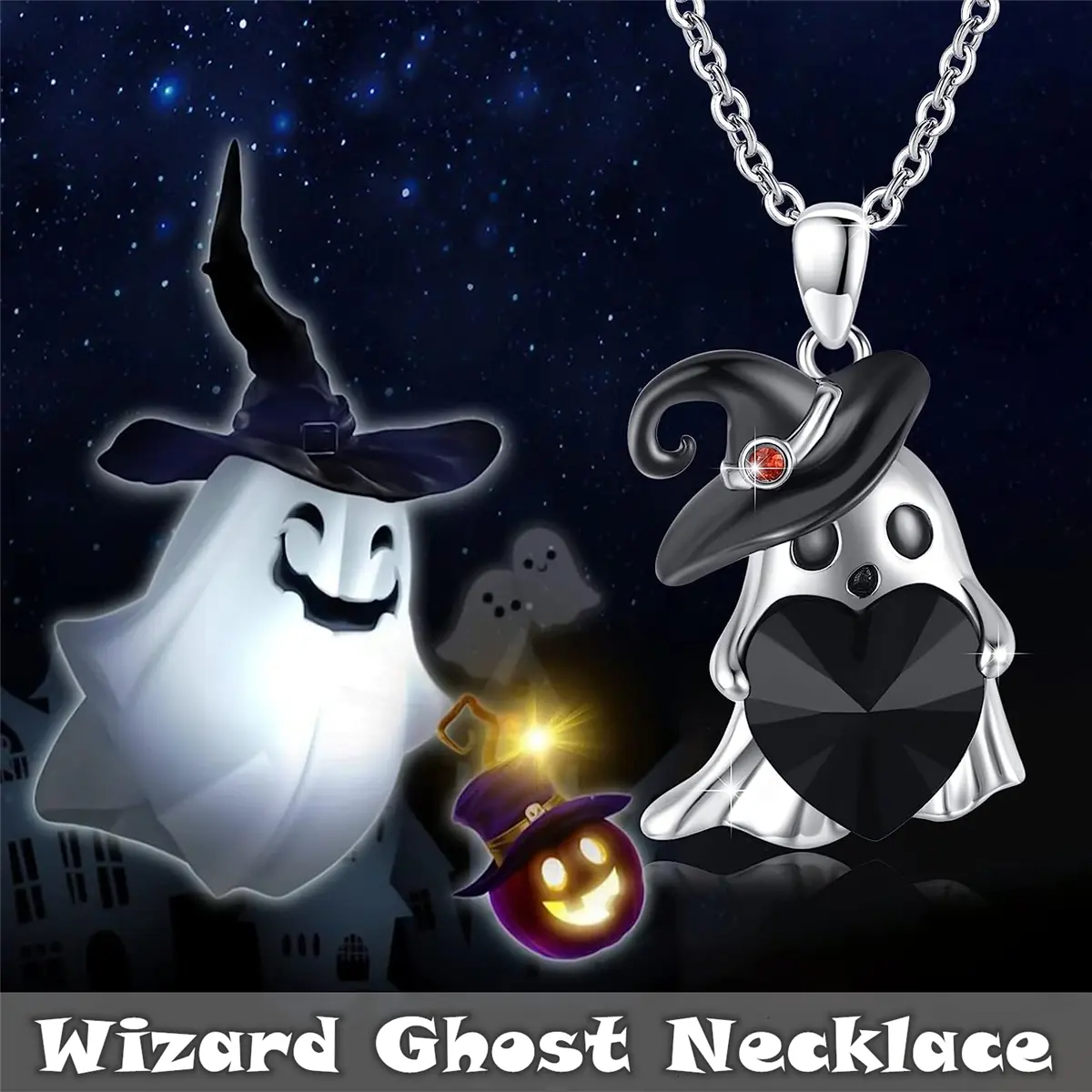 Whimsical Necklaces for Women, Cute Wizard Ghost Pendant with Black Heart and Artificial Crystal, Cartoon Halloween Jewelry Gift, Crystal Necklaces, Halloween Accessories, Neck Chain, Witchcraft Aesthetic, Black Love