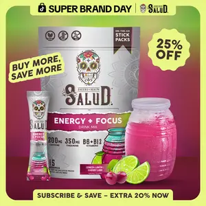 Salud 2-in-1 [Energy + Focus – Cherry Lime] Clean Energy Drink Mix, Agua Fresca, Organic Caffeine, B6 & B12, L-Theanine, Drink Packets, Non-GMO, Gluten Free, Vegan, Low Calorie, 1g Sugar (15 Servings)