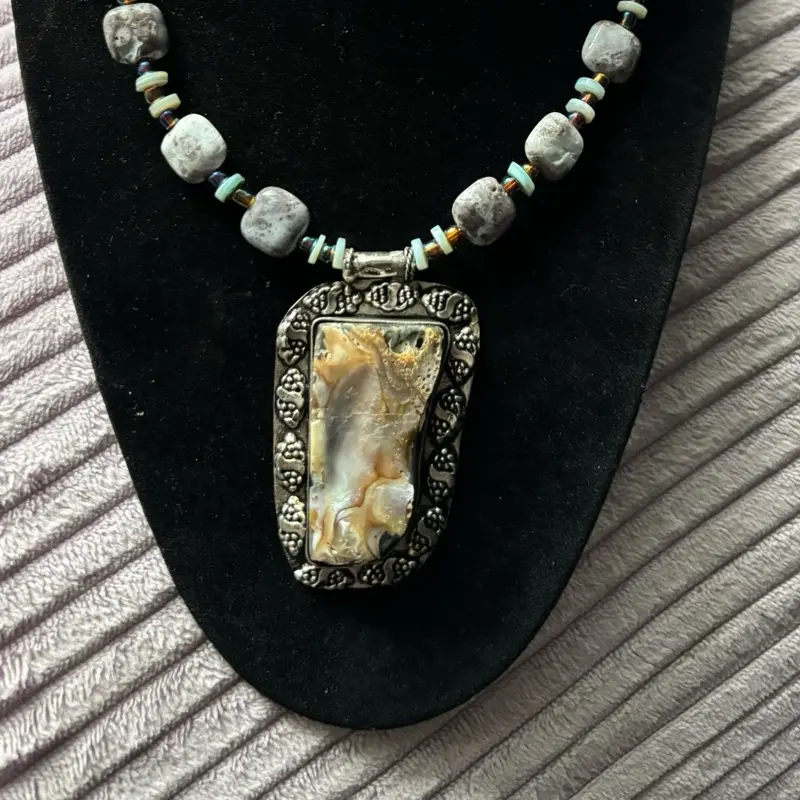 Abalone Pendant Seashell Oregon Blue Opal Natural Gemstone  Necklace Handmade One of a Kind with Unique Beads and Centerpiece