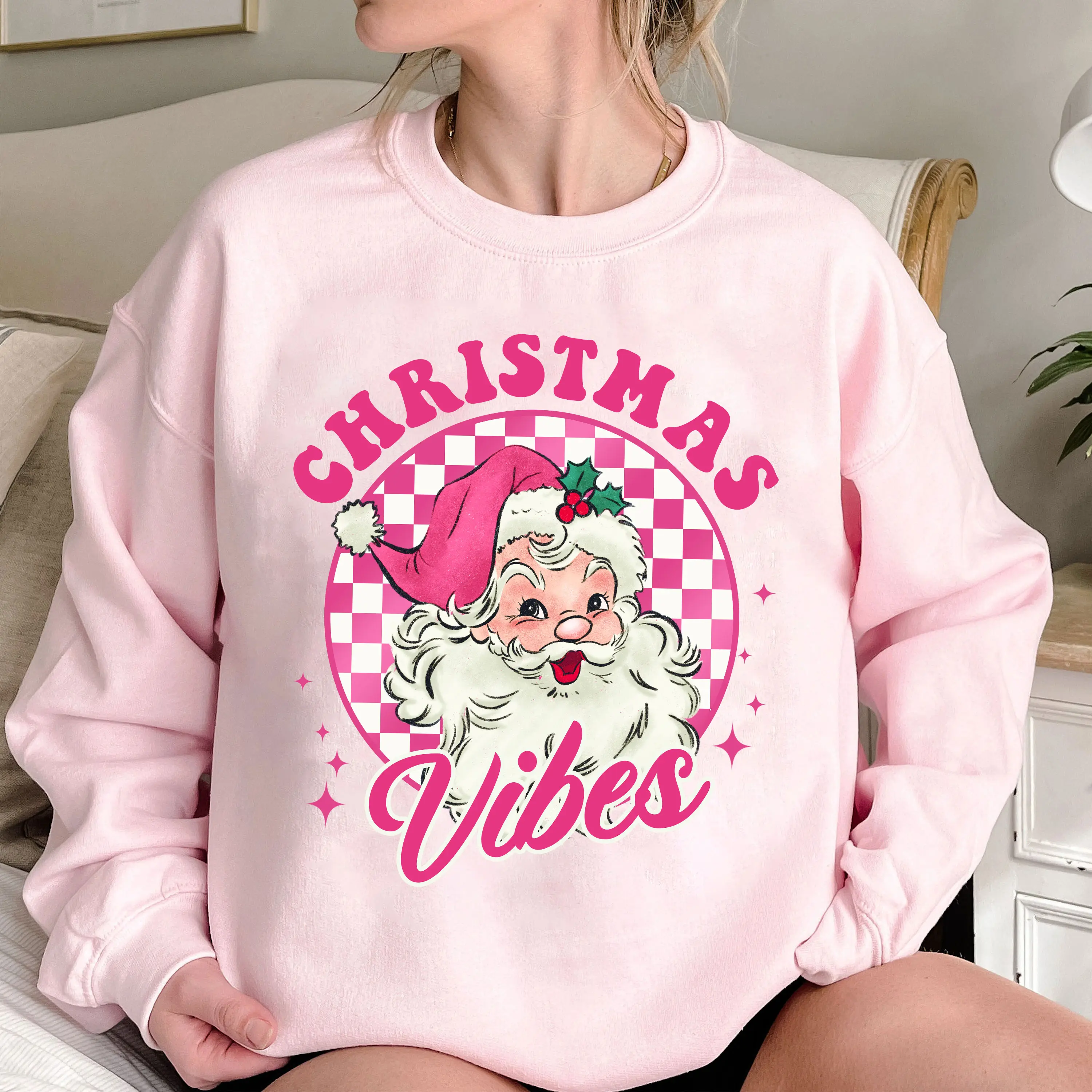 Pink Christmas Vibes Sweater, Retro Pink Santa Christmas Sweatshirt Gift for Woman Her, Cute Pink Xmas Santa Claus Shirt, Merry Christmas Hoodie, Matching Family Pajamas Vintage Holiday Crewneck Sweaters