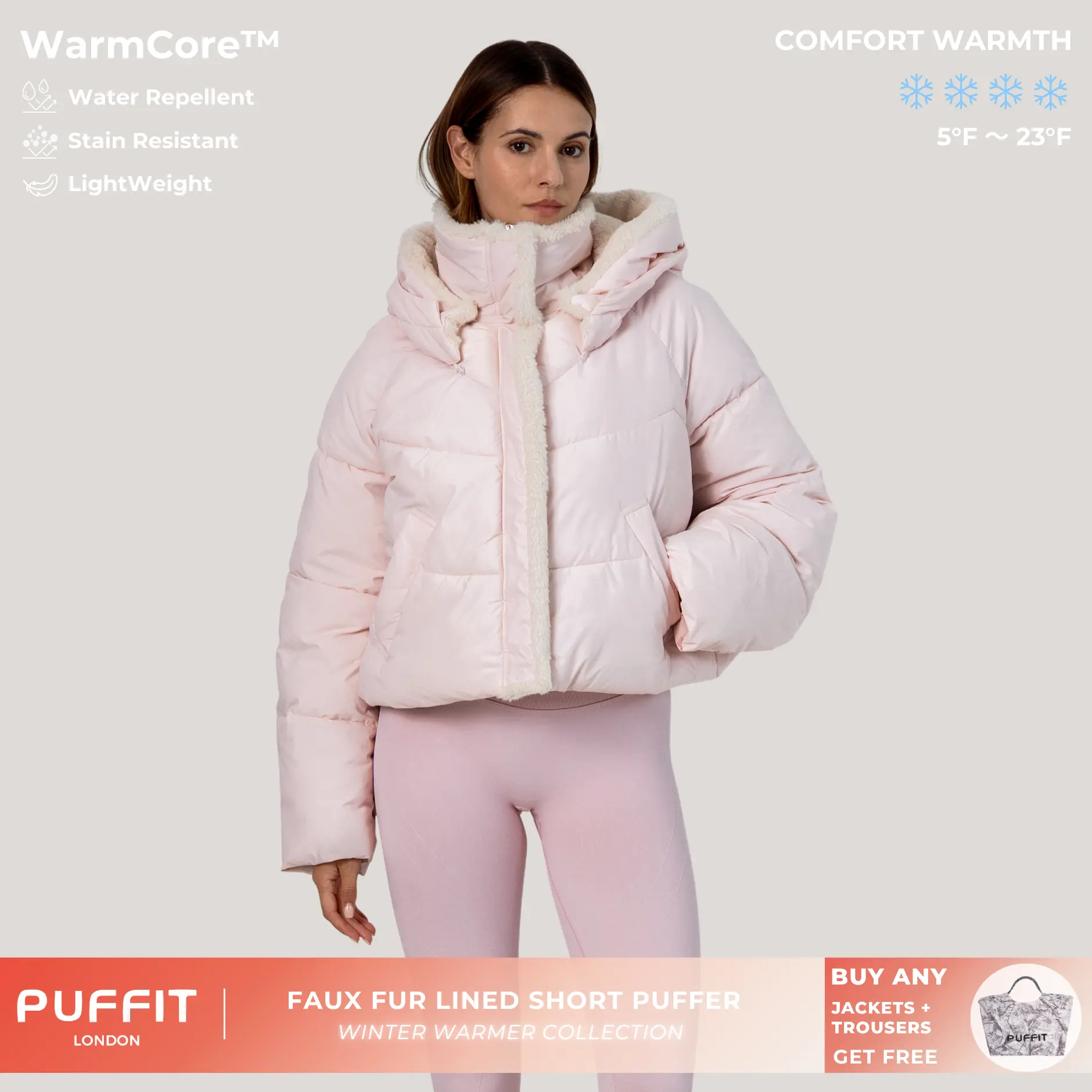 PUFFIT WarmCore Relaxed Fit Faux Fur Lined Short Puffer with Detachable Faux Fur Hood,Comfort Warmth,Water Repellent,Stain Resistant,LightWeight