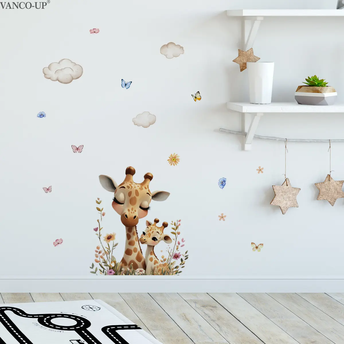 1 Piece Watercolor Parent-Child Giraffe Wall Sticker 30×90cm Fresh Cloud & Butterfly Decor Self-Adhesive Sticker for Living Room Bedroom