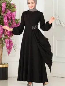 Elegant Women's High Waist Long Abaya Dress for Muslim, Loose-Fit Woven Fabric, Casual Style for All Seasons, Moderate Thickness