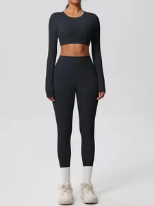 Women's Solid Long Sleeve Crop Top & Leggings Tracksuit Set, Casual Comfy Breathable Outfits for Yoga Gym Workout Running, Ladies Sportswear for All Seasons Yoga Suit Outdoor