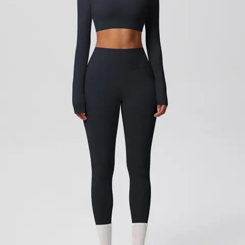 Women's Solid Long Sleeve Crop Top & Leggings Tracksuit Set, Casual Comfy Breathable Stretchable Activewear Sporty Breathable Outfits for Yoga Gym Workout Running, Ladies Sportswear for All Seasons Yoga Suit Outdoor Workout Sets