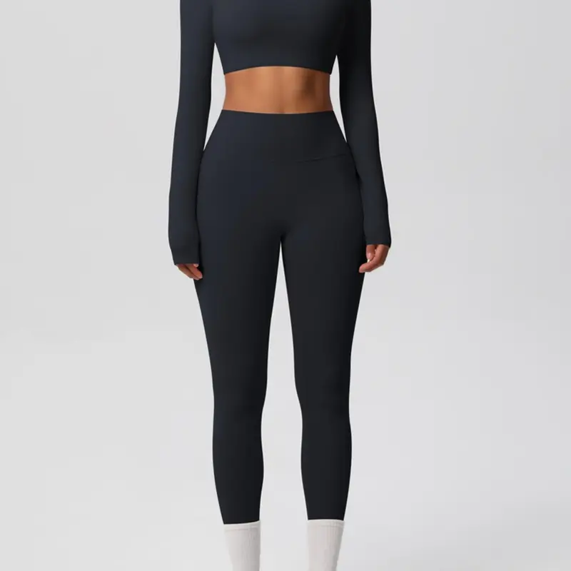 Women's Solid Long Sleeve Crop Top & Leggings Tracksuit Set, Casual Comfy Breathable Stretchable Activewear Sporty Breathable Outfits for Yoga Gym Workout Running, Ladies Sportswear for All Seasons Yoga Suit Outdoor Workout Sets