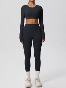 women's solid long sleeve crop top & leggings tracksuit set, casual comfy breathable athletic outfits for yoga gym workout running, ladies sportswear for all seasons, clothing