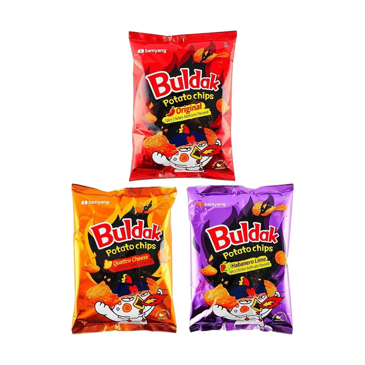 Samyang Korean Spicy Chicken Ramen Snack Chips Combo - 3 Flavors: Spicy Chicken Original, Havana Chili Lime, Four Cheese