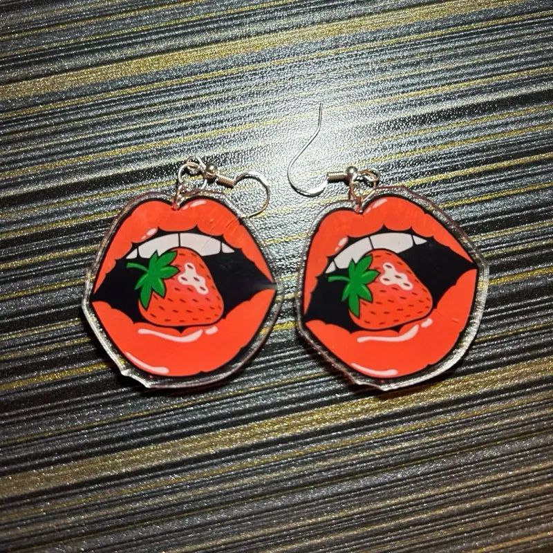 Strawberry in Your Lips Acrylic Dangle Hook Earrings with Red Lips Design, Featuring Strawberry and Green Leaves