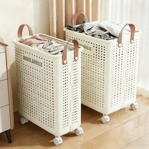 15.8/20 Gallon Large Capacity Collapsible Laundry Basket with Wheels Uncovered Faux Leather Solid Color Multi-functional Portable for Bathroom Balcony Storage