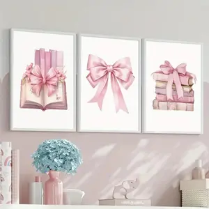 3 Pieces Optional Wooden Frame Beautiful Pink Bow Girl Love Girl Room Home Decor Fashion Canvas Painting Librariancore Wall Art Picture Women Bedroom Decor Decor Style Decoration Items