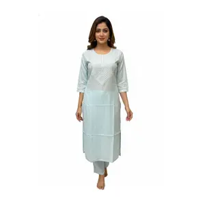 #DNo-9 Elegant Light Blue Kurta Set with Intricate White Embroidery