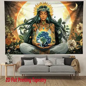 2D Flat, 1-Piece Earth Goddess Tapestry - Bohemian Yoga Meditation Decor, featuring spiritual balance and natural designs, vibrant 2D flat print polyester fabric, suitable for home, garden, studio, outdoor use - Wall Art and Creative Gift (Gaia Goddess Ar
