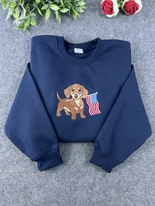 Patriotic Dachshund Embroidered Sweatshirt, 4th of July Dog Lover Hoodie, Wiener Dog USA Crewneck, Independence Day Gift