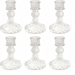 Striped Taper Glass Candlestick Holders Set of 6, Clear Dimond Pattern Candle Stand for Table Centerpieces Home Decor Weddings Festival and Parties