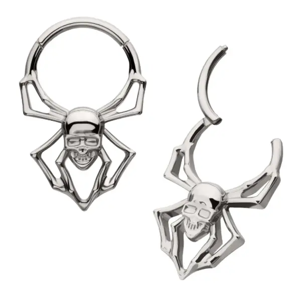 Bold Spider Skull Titanium Clicker, 16g 10mm (3/8”) Horror Septum Ring, Macabre Jewelry for Edgy Wear, Spooky Look, 3/8” (10Mm)