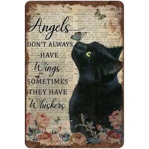 Angels Don't Always Have Wings Sometimes They Have Whiskers Tin Sign Vintage Floral Black Cat Cat Lovers Gift Vintage Plaque Metal Man Cave Bar Pub Club Home Wall Decoration 12x8 Inch