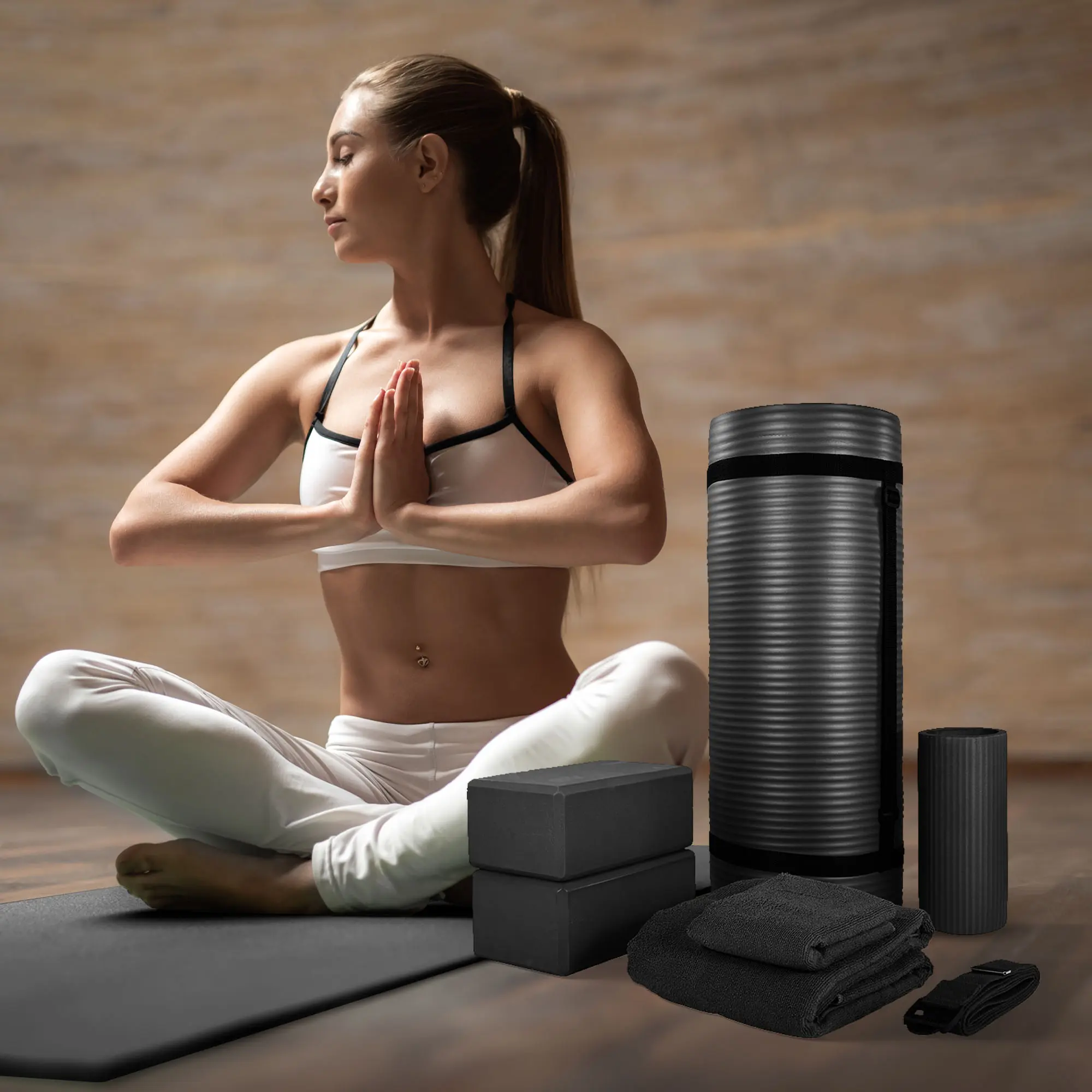 BalanceFrom 7 Piece Yoga Set with 1-Inch Thick Mat, 2 Blocks, 1 Stretch Strap, 2 Towels & Knee Pad for Ultimate Yoga Practice