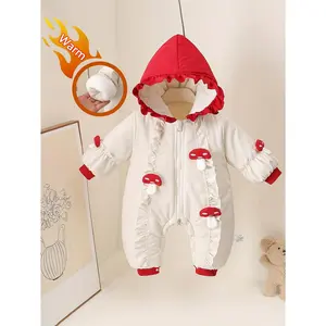 1pc Red Mushroom Embroidered Fleece-Lined Bodysuit with Hooded Cap & Ruffled Lace Trim - Cozy Winter Outfit for , Perfect for Outdoor Play, Parties, and Holiday Gifts