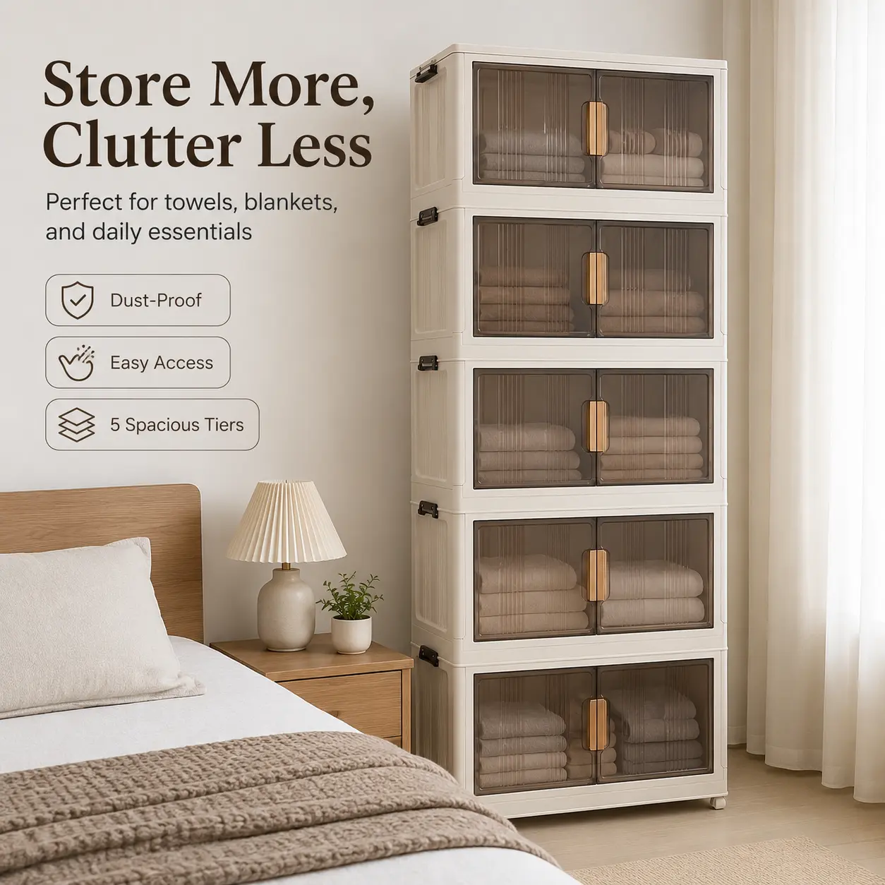 Naviconvex 5-Level Bedroom Linen Storage Tower with Tinted Double Doors, Mobile Vertical Cabinet for Blankets, Towels, Clothes, Toys, Nursery, Closet and Laundry Organization