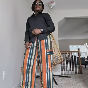 Aso-Oke Cargo Statement Pants - Authentic Aso-Oke Fabric, Functional Cargo Pockets, Relaxed Fit, Unisex Style, Bold Woven Stripes, African Heritage Design
