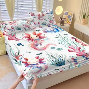 Axolotl Fitted Sheet Set 3 Pieces (1 Fitted Sheet + 2 Pillowcases), Soft & Skin-Friendly Watercolor Axolotl & Ocean Coral Print Underwater Themed Bedding for Kids Teens Axolotl Lovers, Bedroom Dorm Decor Birthday Holiday Gift