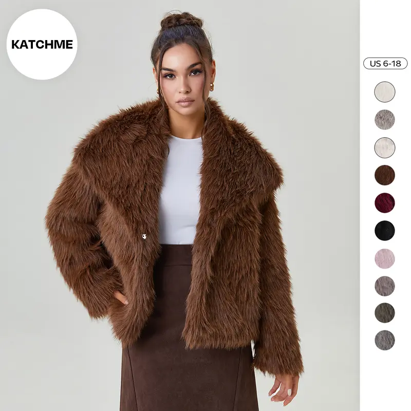KatchMe Women's Luxurious Oversize Solid Color Wide Lapel Snap Closure Fuzzy Thermal Outerwear, Fall & Winter Long Sleeve Outerwear, Faux Fur Jackets