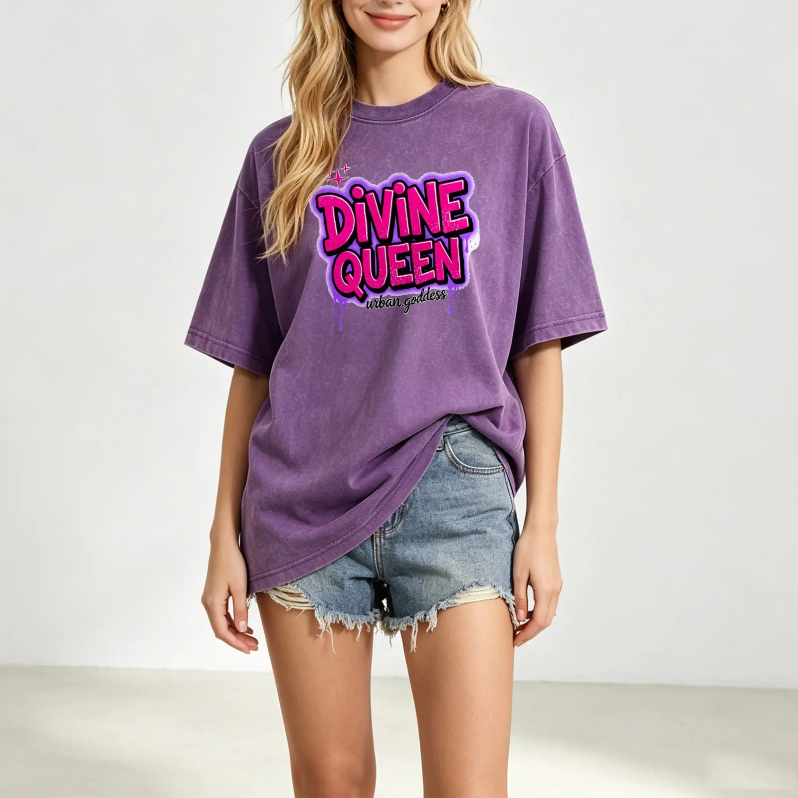 Vintage Washed Graffiti Letter Print Oversized Tees Unisex, 100% Cotton Drop Shoulder Divine Queen Graphic Retro Casual Crew Neck Streetwear Shirt Tops