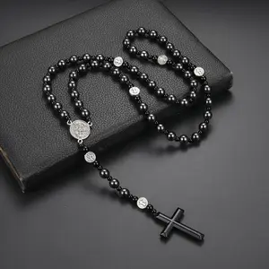New Black Volcanic Rock Black Gallstone Alloy St. Benedict Religious Men's Original Stone Cross Rosary Necklace