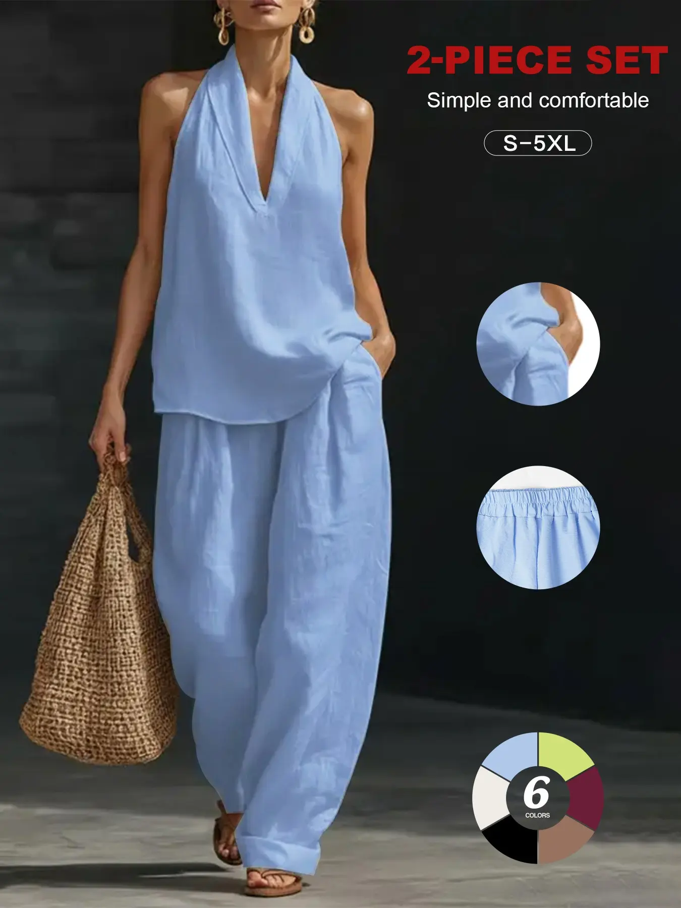 Women's Halter V-Neck Sleeveless Top & Wide Leg Pants 2 Piece Set, Cotton Linen Feel, Casual, Sizes S-5xl, Summer Essential