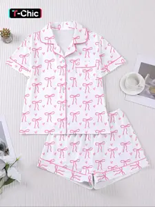 Women's Pajama Set, Coquette Pink Bow & Heart Print, Soft Short Sleeve Loungewear for Summer, Nightwear Pjs