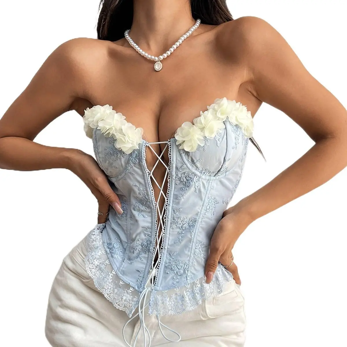 Women's Floral Embroidered Lace-Up Boned Crop Top - Strapless Lace Bustier Corset with Handmade Flower Appliqué, Adjustable High Waist for Gothic Streetwear, Party Events | Women's Tanks & Camis Clothes, Statement Style Crop Tops Statement Style