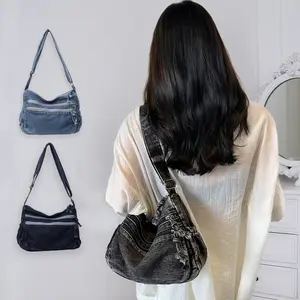 Women's Vintage Large Capacity Denim Hobo Bag - Multi-Pocket Shoulder Bags with Adjustable Strap