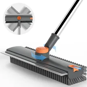 Floor Scrub Brush with Long Handle, 3 in 1 Scrape and Heavy-Duty Stiff Bristle Scrubber Brush for Cleaning Shower Bathroom, Patio, Pool, Garage, Kitchen, Wall and Deck (Gray, 1 Pack)