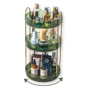 Rotating Makeup Organizer for Vanity, 3 Tier Perfume Skincare Organizers and Storage for Bathroom Countertop, Clear Spinning Counter Cosmetic Holder for Dresser,Green