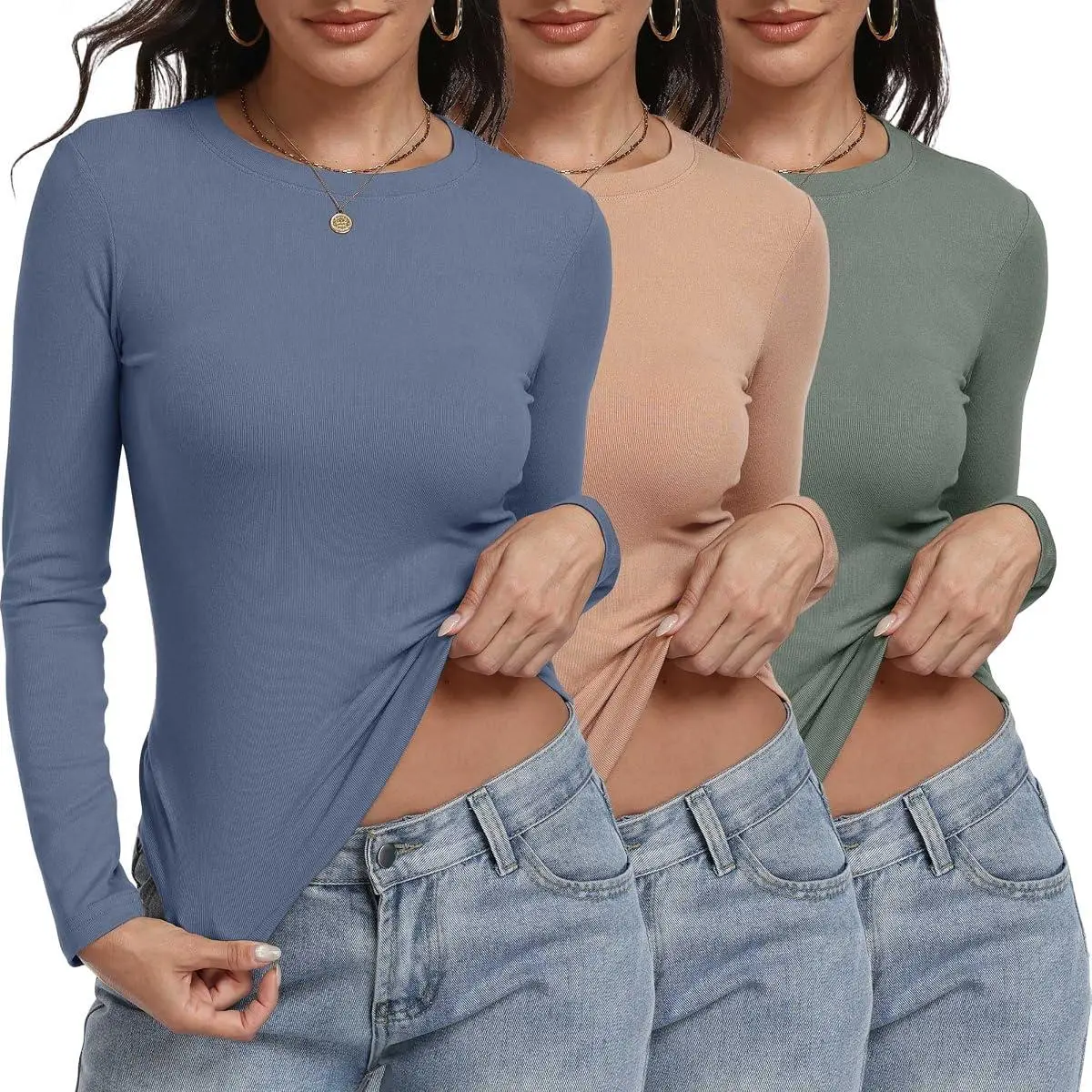 3 Pack Long Sleeve Shirts for Women Basic Fitted Underscrub Top